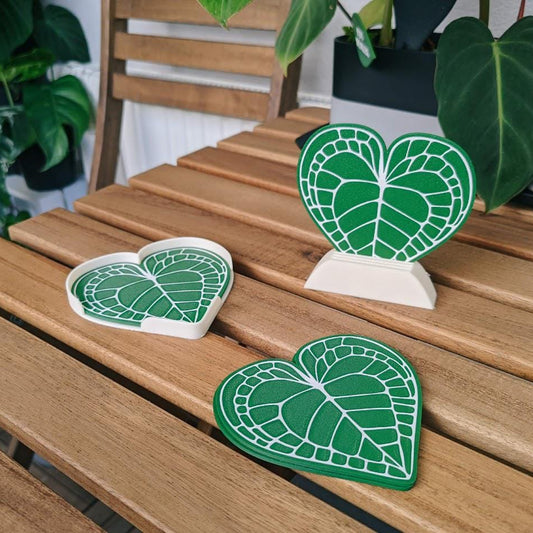 Anthurium Clarinervium Coaster Set of 4 Leaf Coasters, Heart shaped Coasters with Holder, 3d printed Coasters