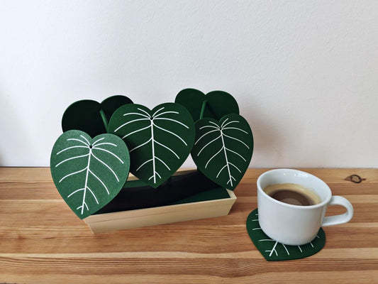 Philodendron Coaster Set with Storage Tray - Plant-Inspired Decor & Functional Coasters, 3d print