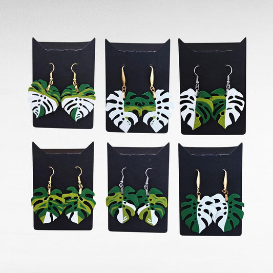 Monstera Earrings, Leaf Earrings, 3d printed Jewelry Gift for Plant Lovers, Monstera Albo Var, 3d printed Plant Earrings