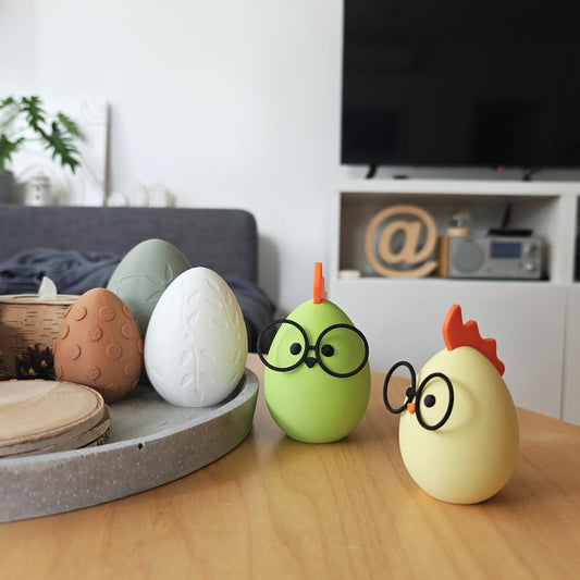 Chick with Glasses Easter Decor, Cute Spring Decoration, Egg shaped Chicken, in Pastel Colors, 3d print