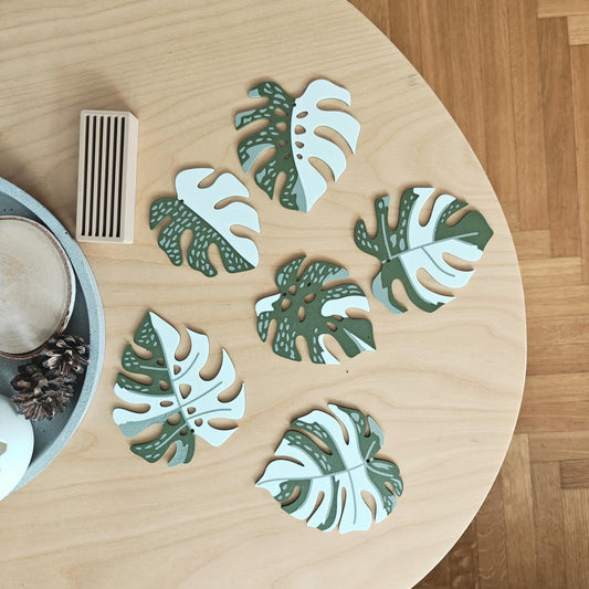 Monstera Thai Constellation Coaster Set, Leaf Coasters with Holder, 3D printed Table Decor, Variegated Plant