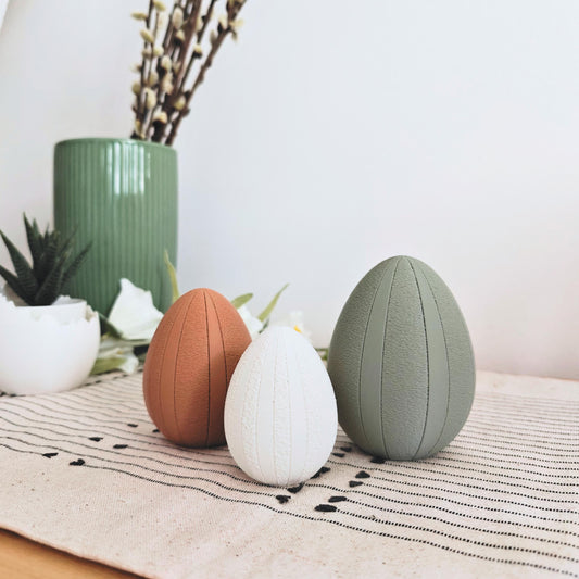Easter Eggs with Fuzzy Stripes, Decorative Set of 3, Pastel Colors, Patterned Spring Easter Table Decoration, Housewarming Gift, 3d print