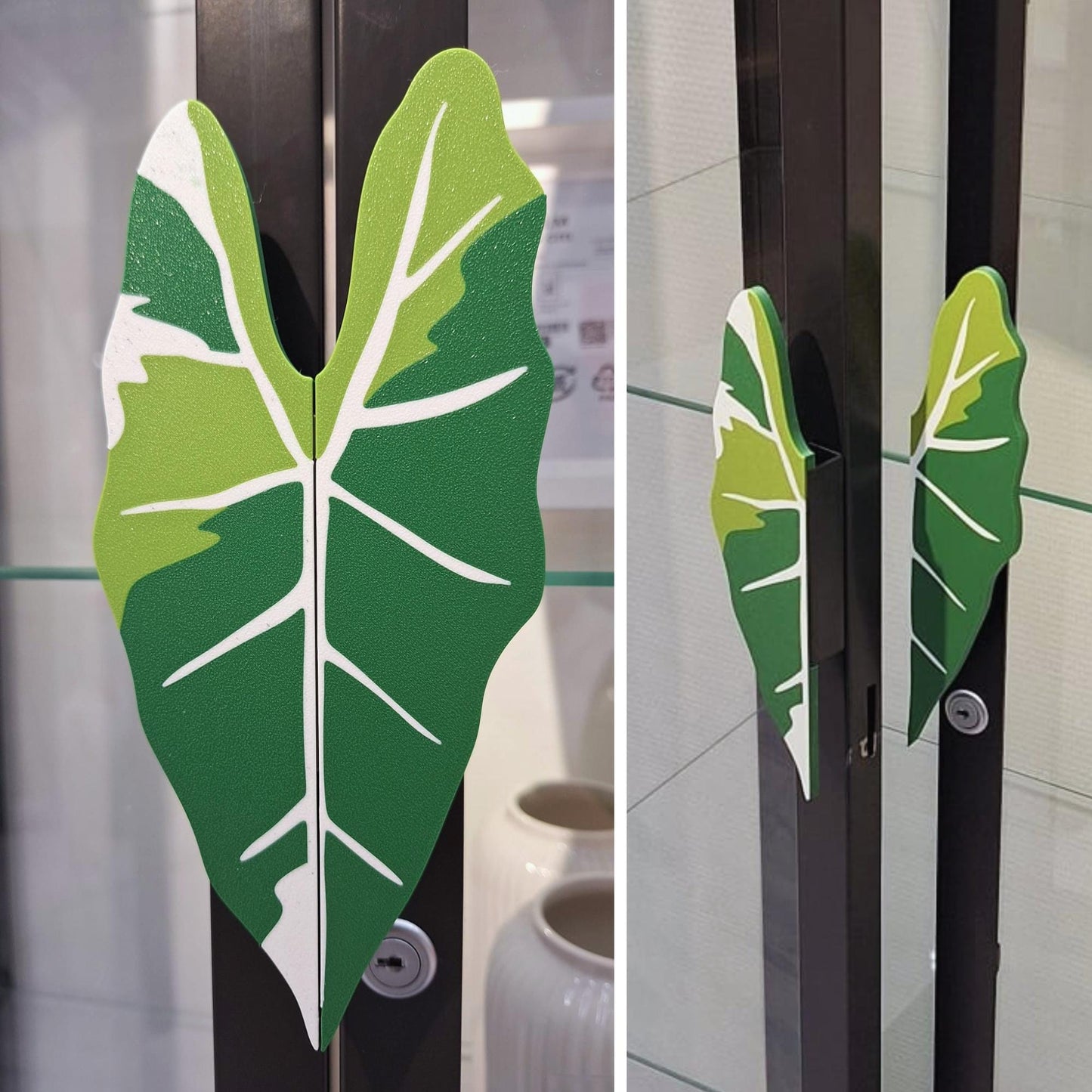 Slip-On Leaf Handles for IKEA MILSBO Cabinet, No Tools Needed, 3D Printed Alocasia Frydek Variegated Plant Decor