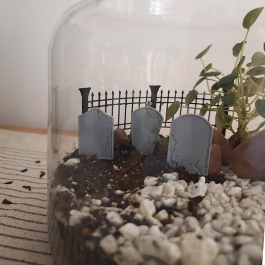 Miniature Gravestones and Fence, 3D Printed Haunted Cemetery Scene for Terrariums, Dioramas, Planters