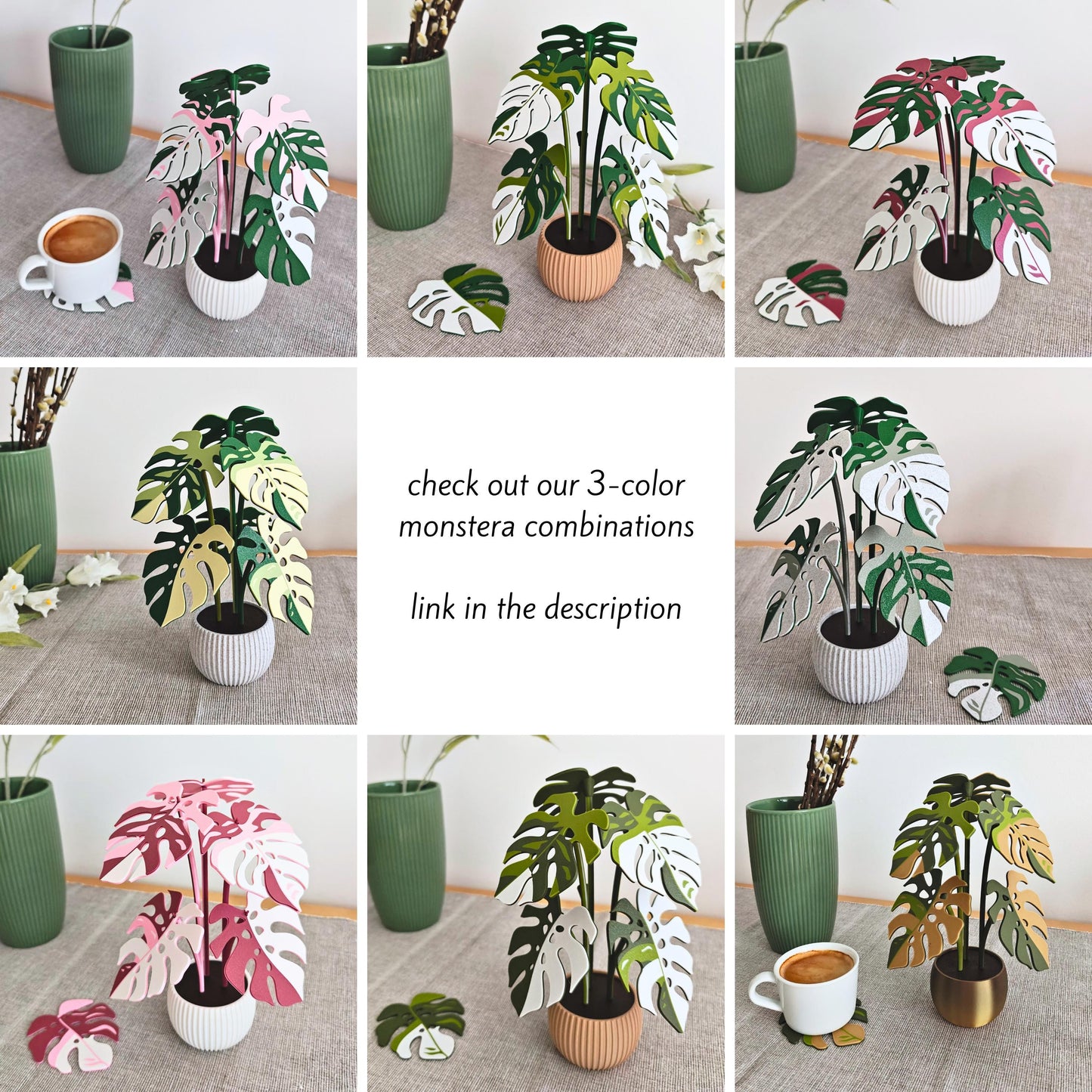 Check out our 3-colored monstera coaster sets