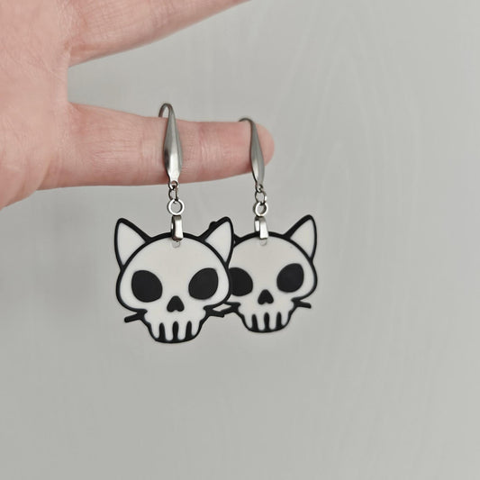 Gothic & Spooky Earrings, Cat Skull Jewelry, Ghost Cat Earrings, 3D printed Halloween Accessories