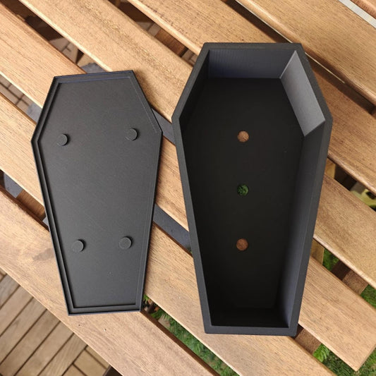 Coffin planter and matching tray separated, drainage system detail