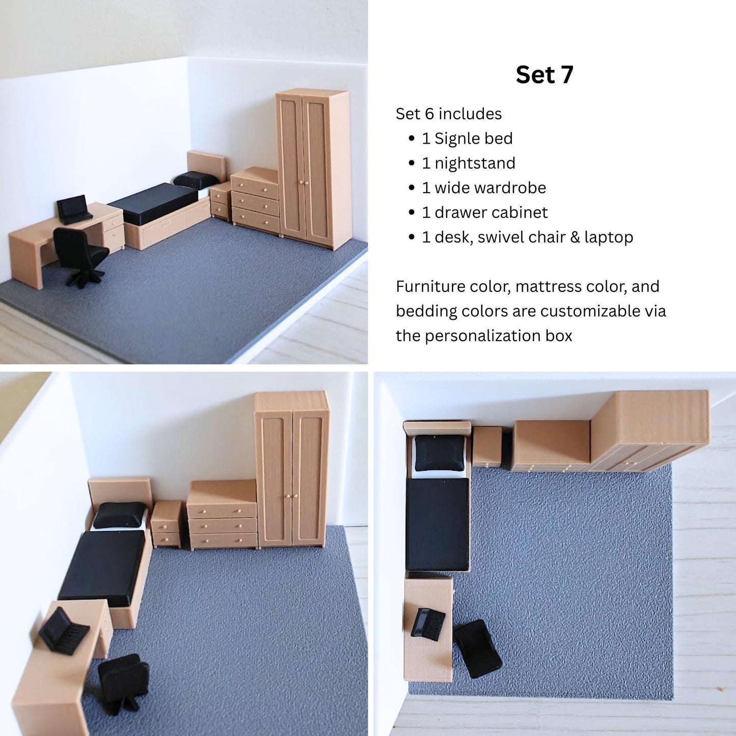 Miniature Bedroom Furniture 1/64 Scale, Diorama Accessories for Mini Displays, Model Scenes, Crafts, Hobby Projects, 3D print