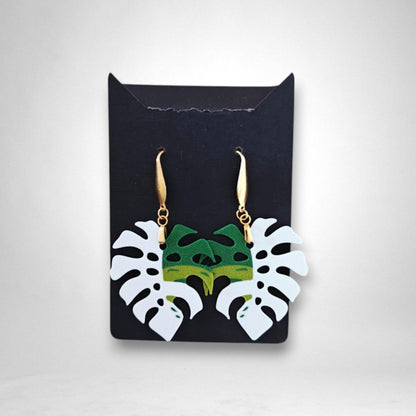 Monstera Earrings, Leaf Earrings, 3d printed Jewelry Gift for Plant Lovers, Monstera Albo Var, 3d printed Plant Earrings