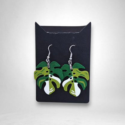 Monstera Earrings, Leaf Earrings, 3d printed Jewelry Gift for Plant Lovers, Monstera Albo Var, 3d printed Plant Earrings