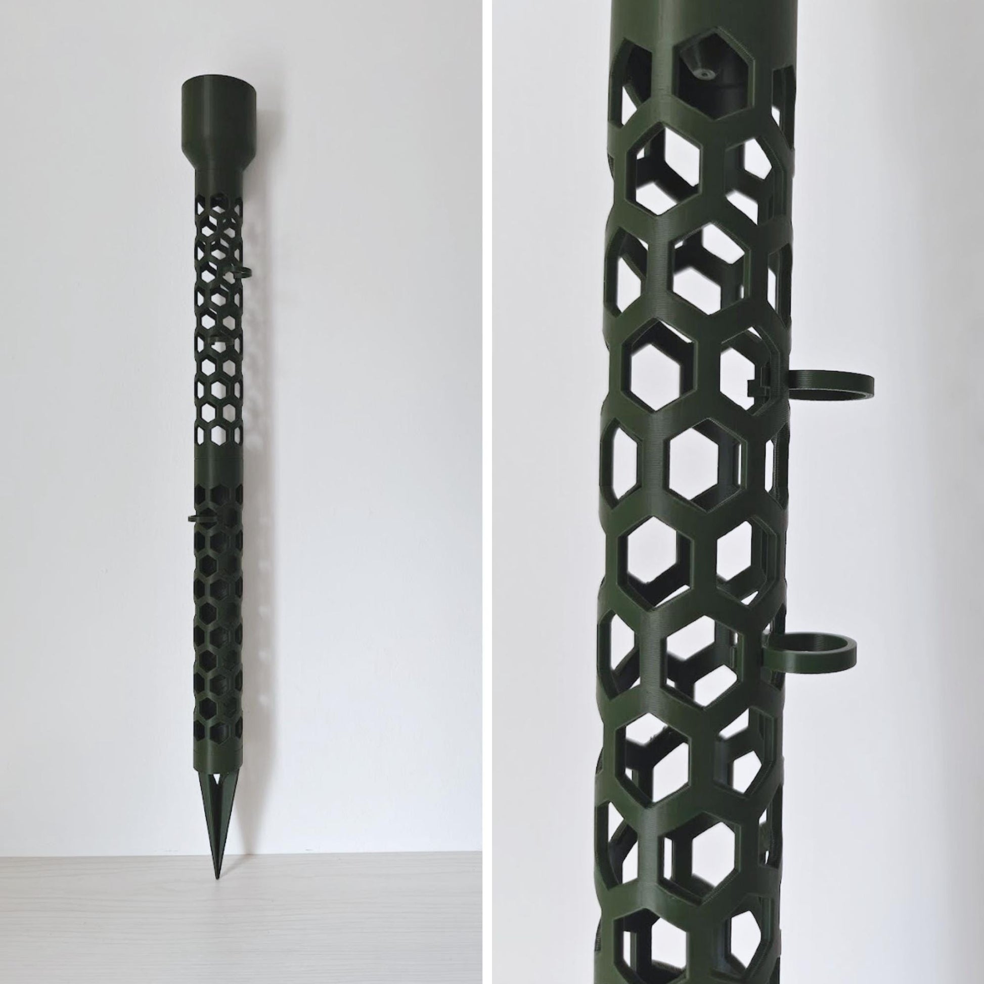 Close-up side view of dark green moss pole with hexagonal pattern, watering cap and clips attached.