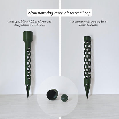 Comparison between slow-release watering reservoir and small cap, showing water-holding capacities.