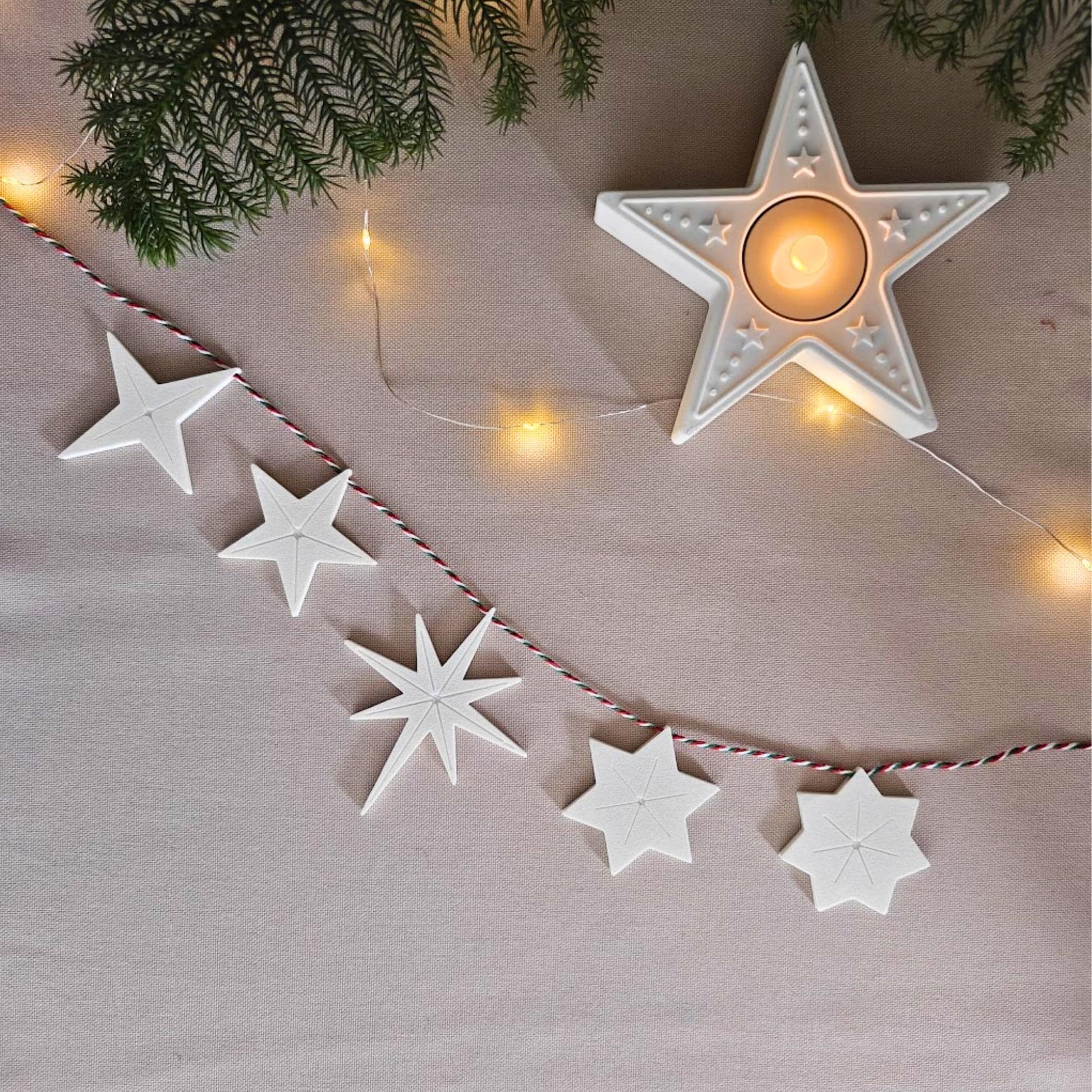 Hanging Stars, Set of 5, 3D Printed Holiday Garland Ornaments, Minimalist Christmas Tree Decor, Scandinavian Style