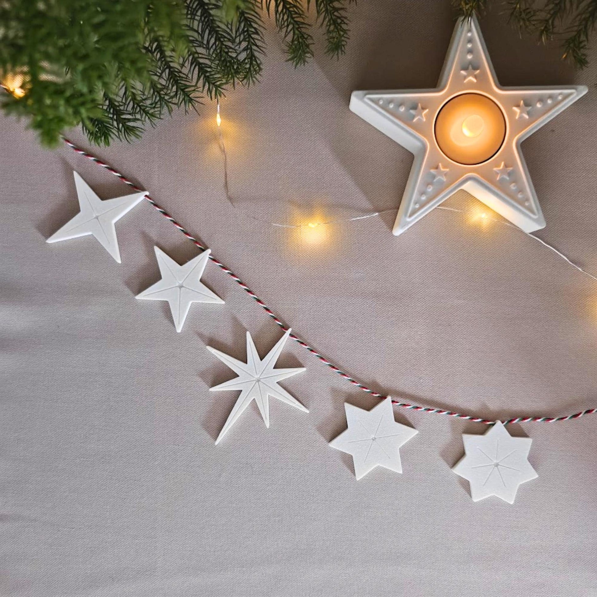 Hanging Stars, Set of 5, 3D Printed Holiday Garland Ornaments, Minimalist Christmas Tree Decor, Scandinavian Style