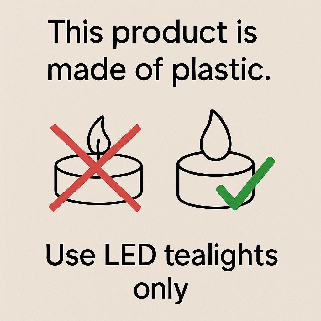 Instruction graphic with icons showing the product is made of plastic and safe only for LED tealights (no open flames).