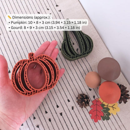 Dimensions (approx.):
 • Pumpkin: 10 × 8 × 3 cm (3.94 × 3.15 × 1.18 in)
 • Gourd: 8 × 9 × 3 cm (3.15 × 3.54 × 1.18 in)