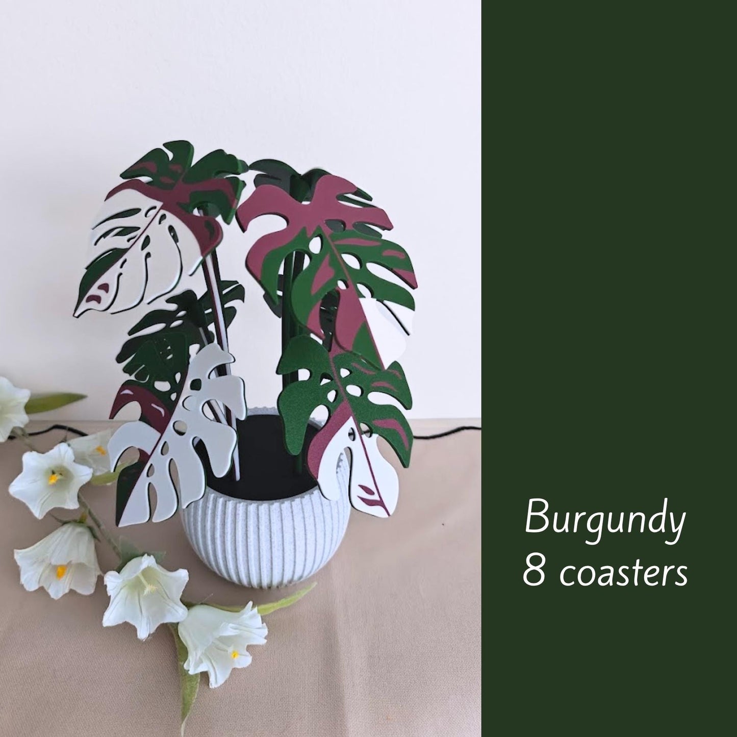 Burgundy Monstera leaf coaster set of 8.