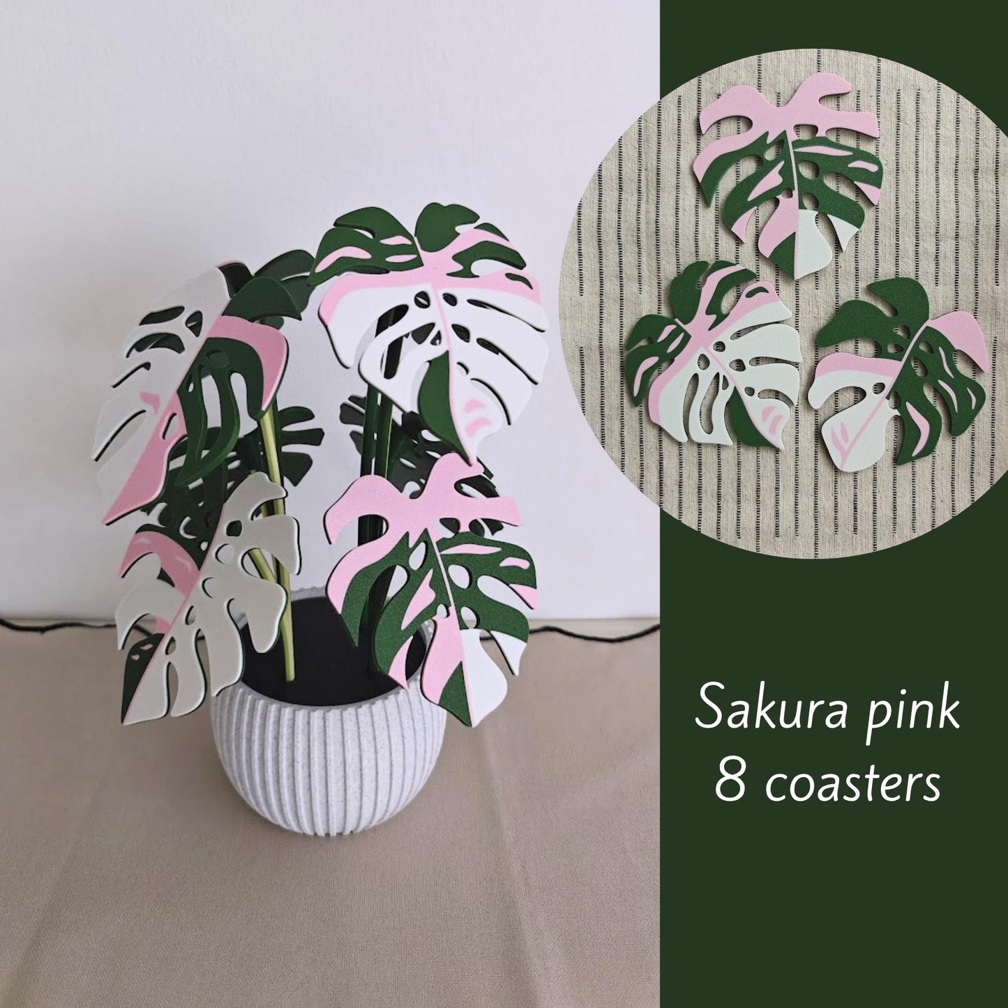 Sakura pink Monstera leaf coaster set of 8.