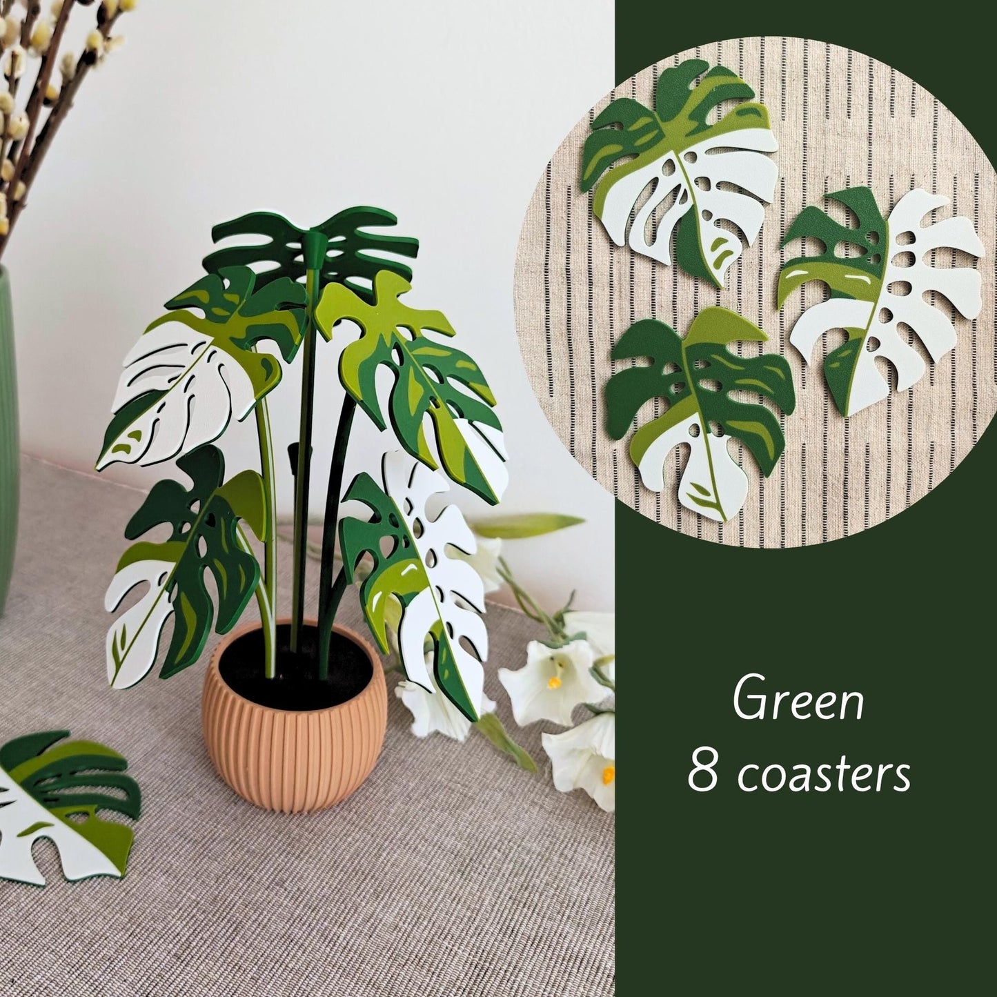 Green Monstera leaf coaster set of 8.