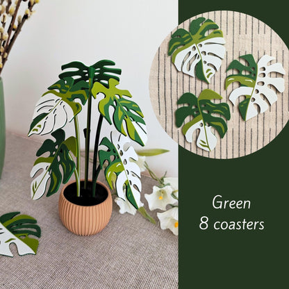 Green Monstera leaf coaster set of 8.