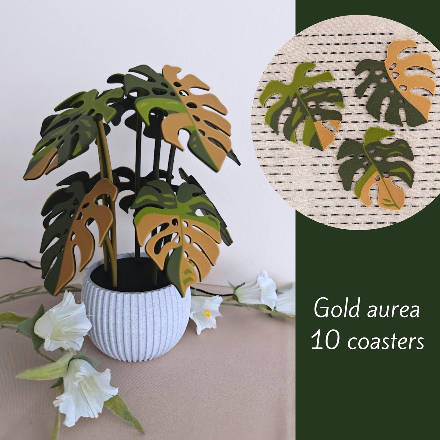 Gold aurea Monstera leaf coaster set of 10.