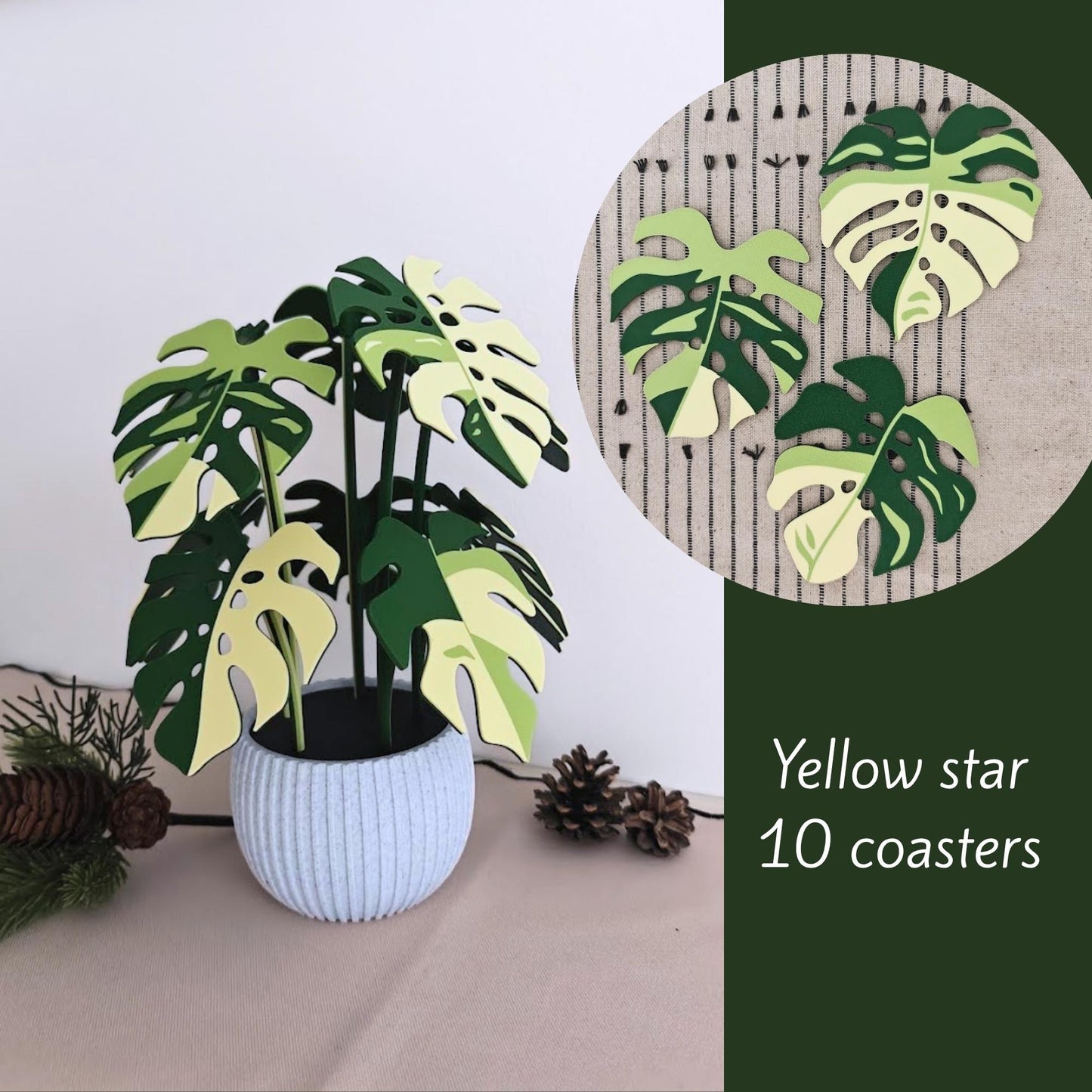 Yellow star Monstera leaf coaster set of 10.