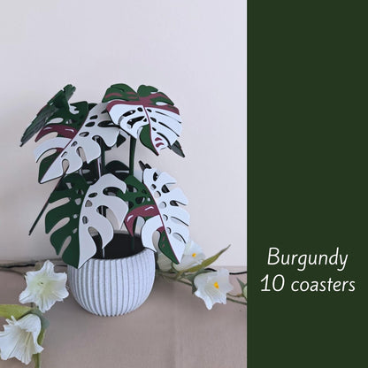 Burgundy Monstera leaf coaster set of 10.
