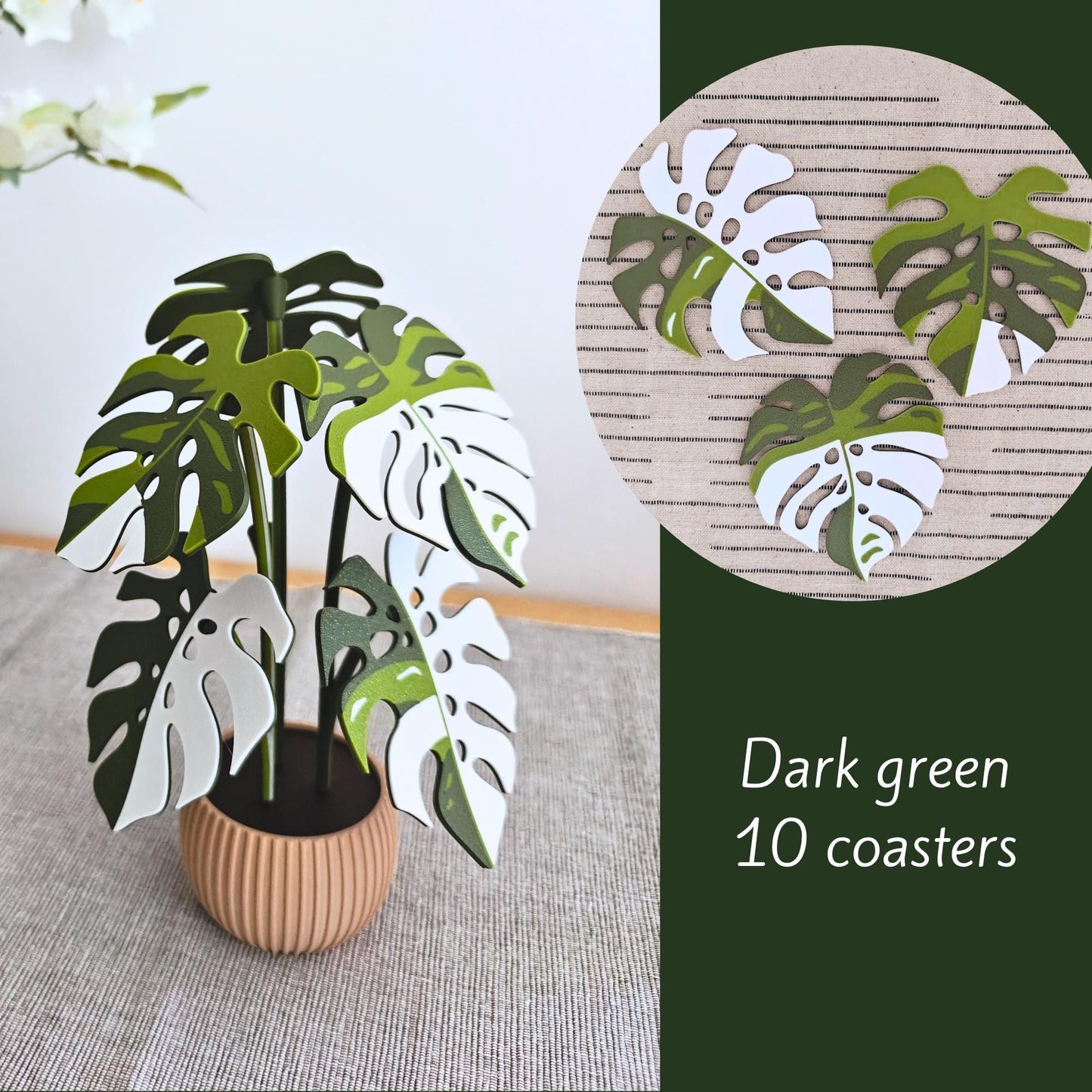 Dark green Monstera leaf coaster set of 10.