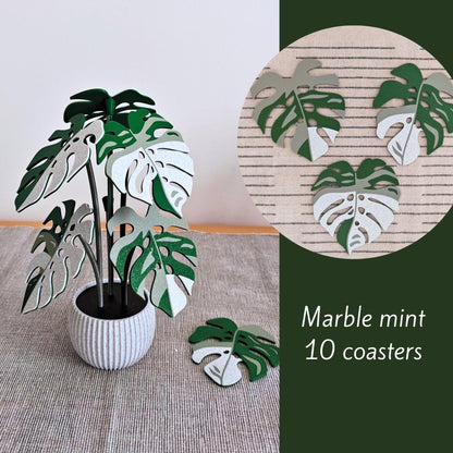 Marble mint Monstera leaf coaster set of 10.
