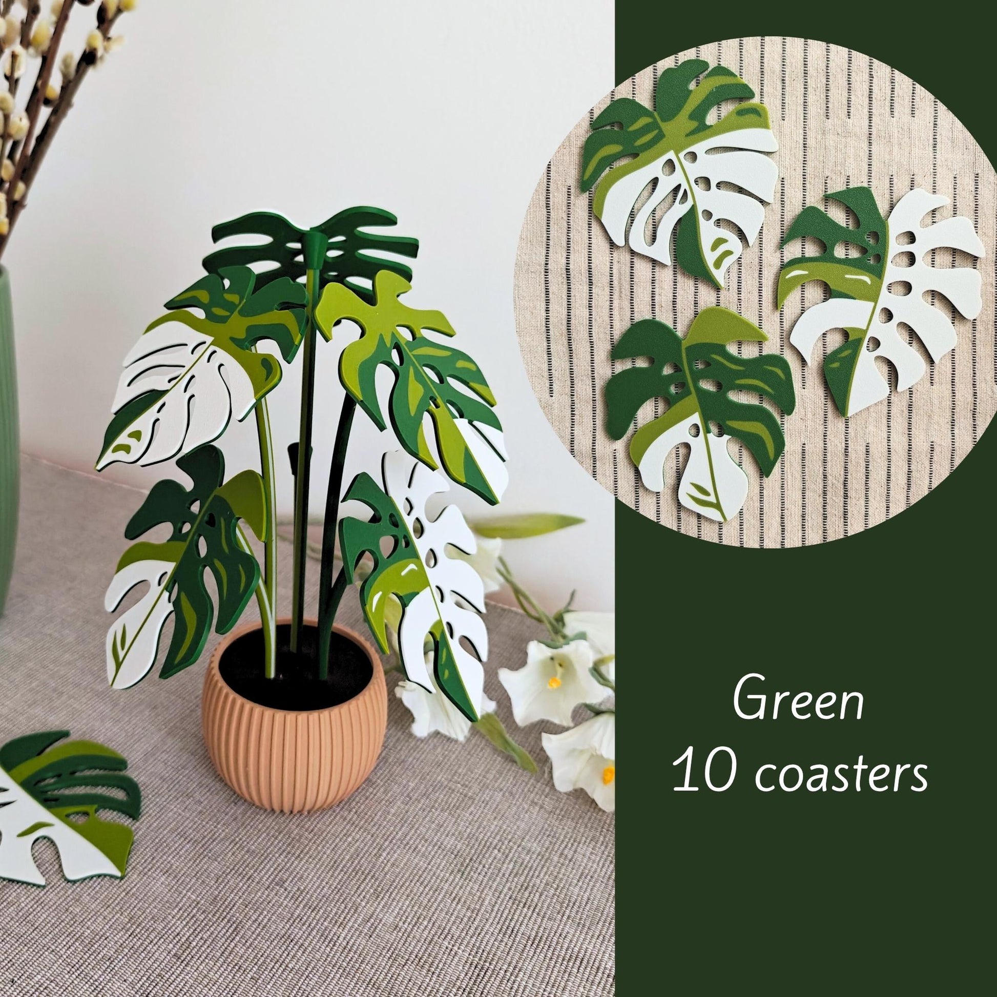 Green Monstera leaf coaster set of 10.