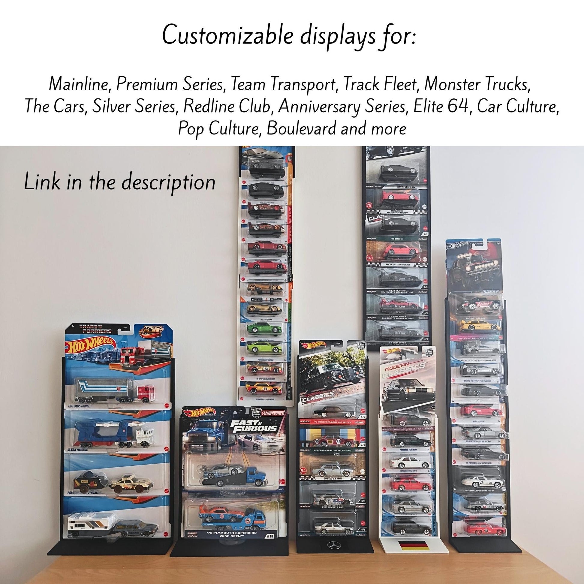 Examples of customizable Hot Wheels display layouts for different die-cast series