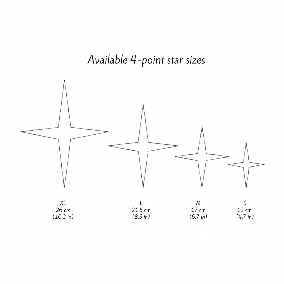 Size chart showing available 4-point star ornament sizes