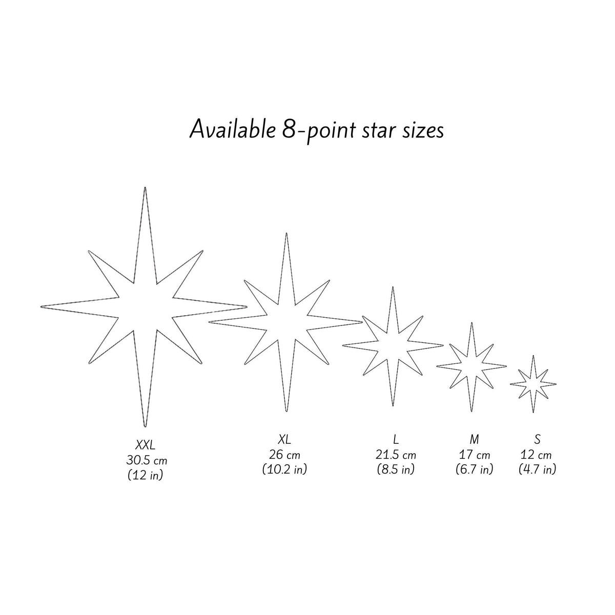 Size chart showing available starburst ornament sizes