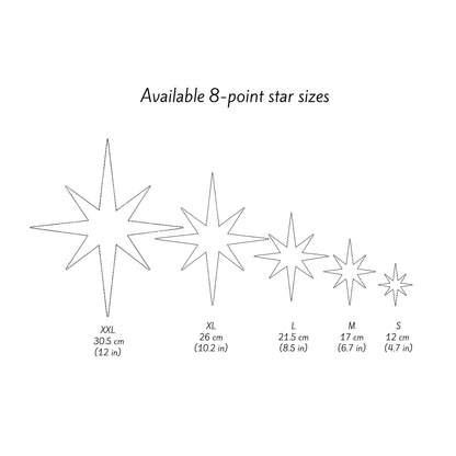 Size chart showing available starburst ornament sizes