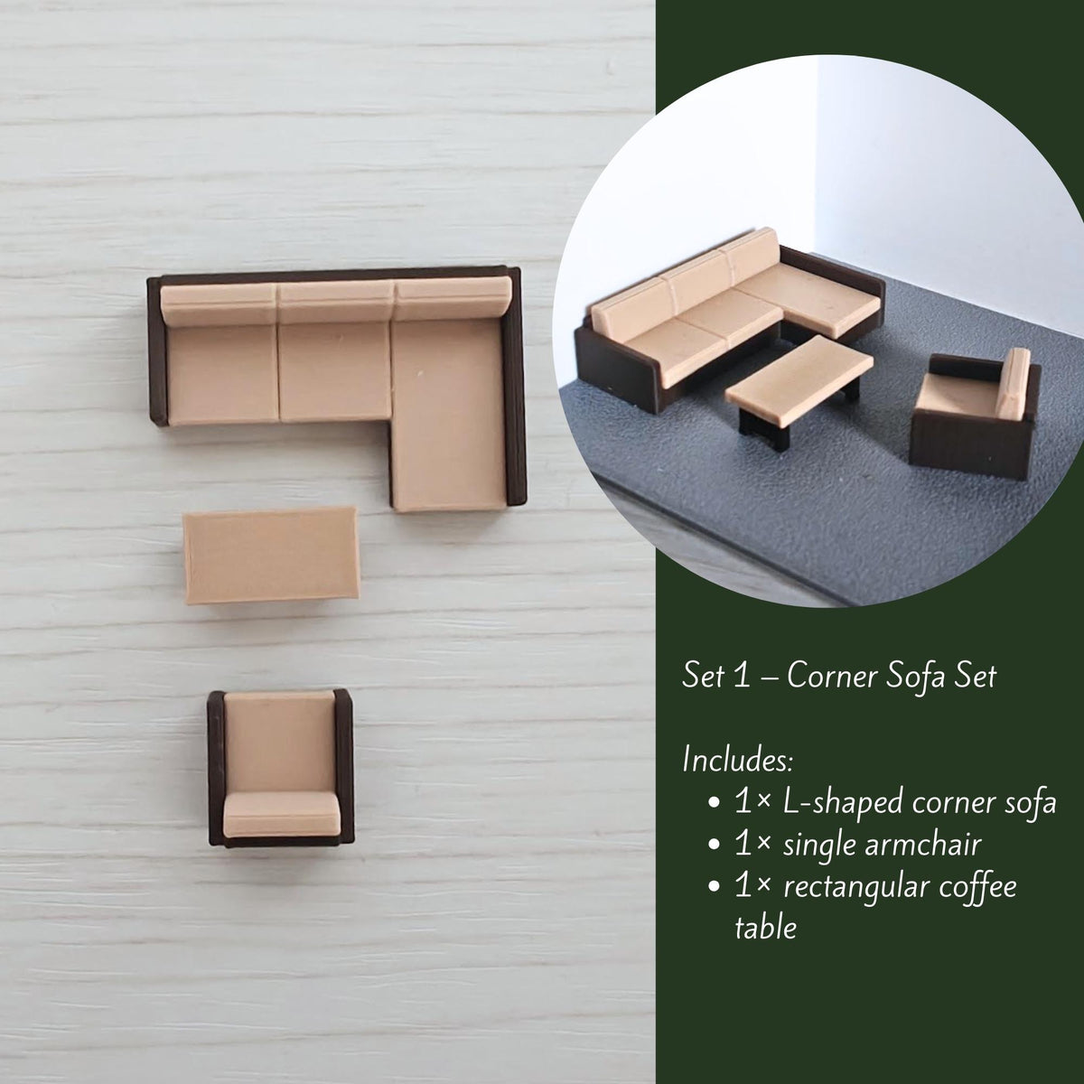 Corner sofa set components arranged separately showing modular pieces and configuration options