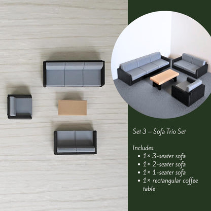 Compact 1:64 sofa set arrangement with multiple seating pieces and a table