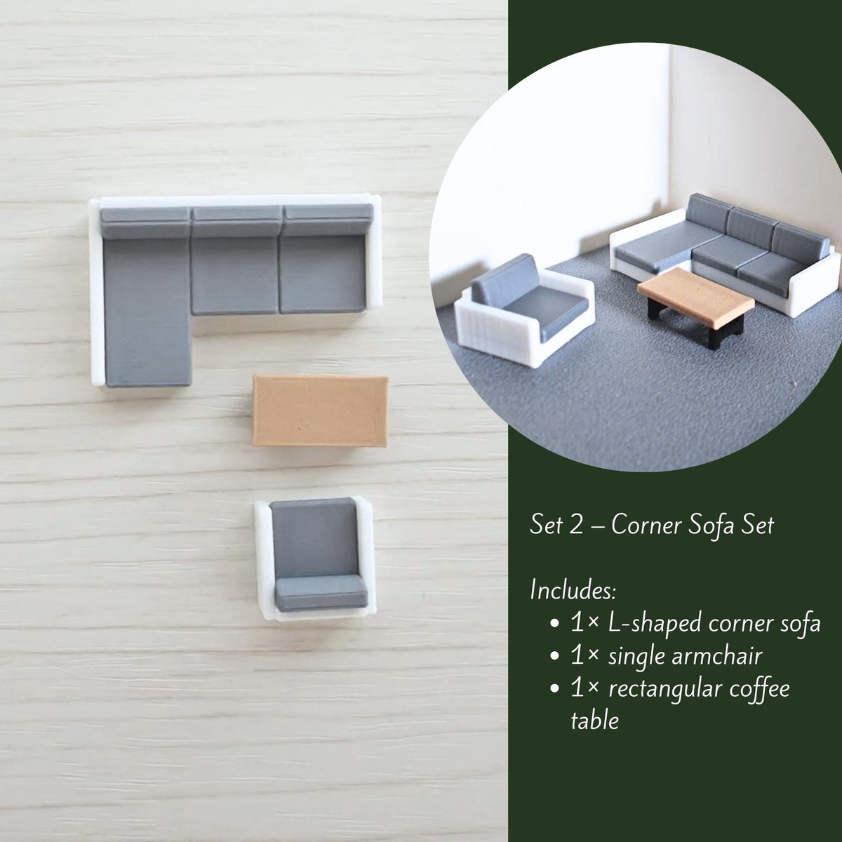 Modern L-shaped miniature sofa set with table and chair in neutral colors