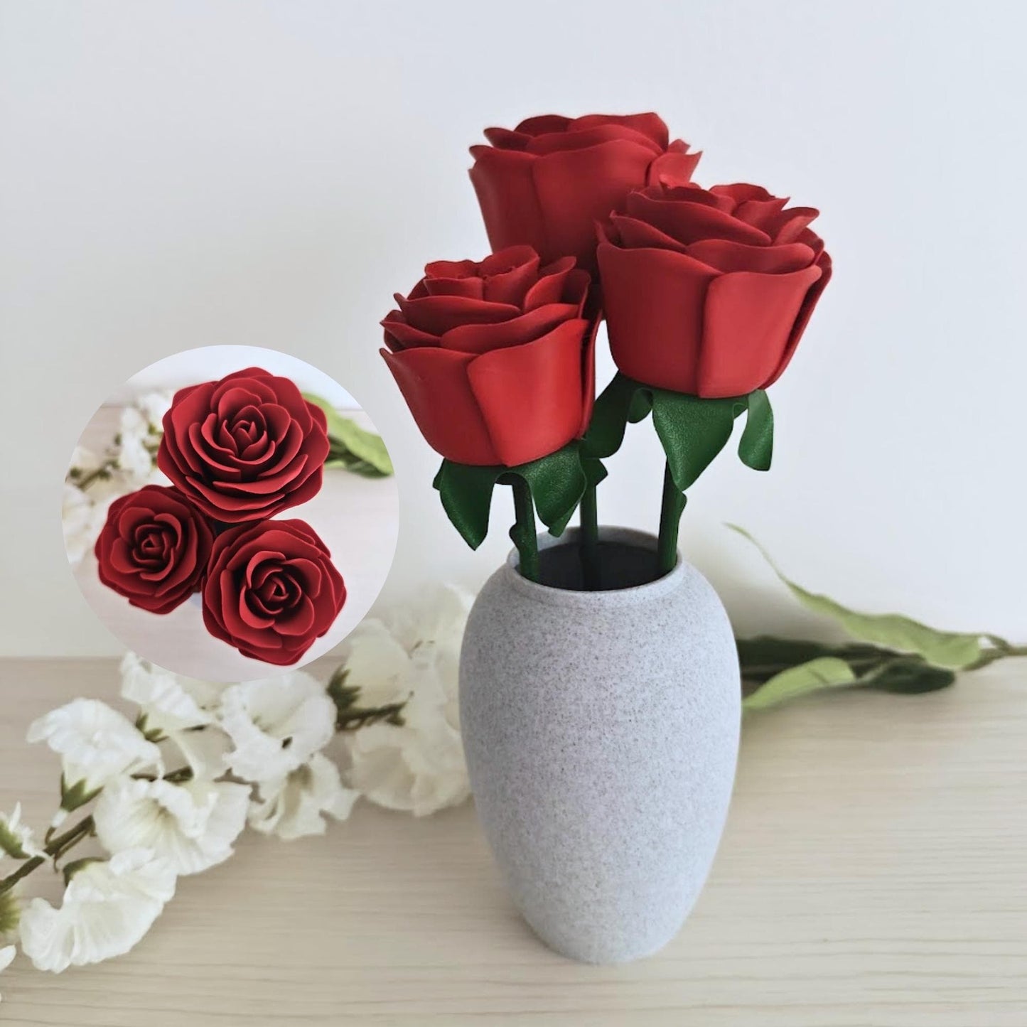 Everlasting Red Roses with Vase, Faux Floral Arrangement, Valentine’s Gift, 3d Printed Home Decor