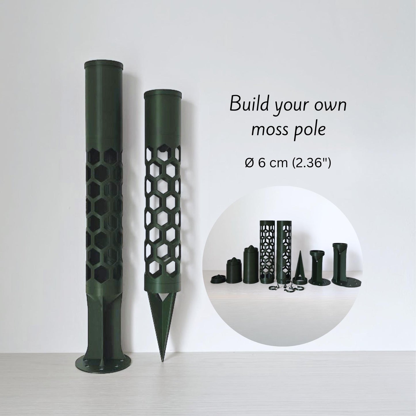 Modular Moss Pole Ø 6 cm (2.36"), Watering Reservoir or Cap, 3D Printed Extendable Plant Support System