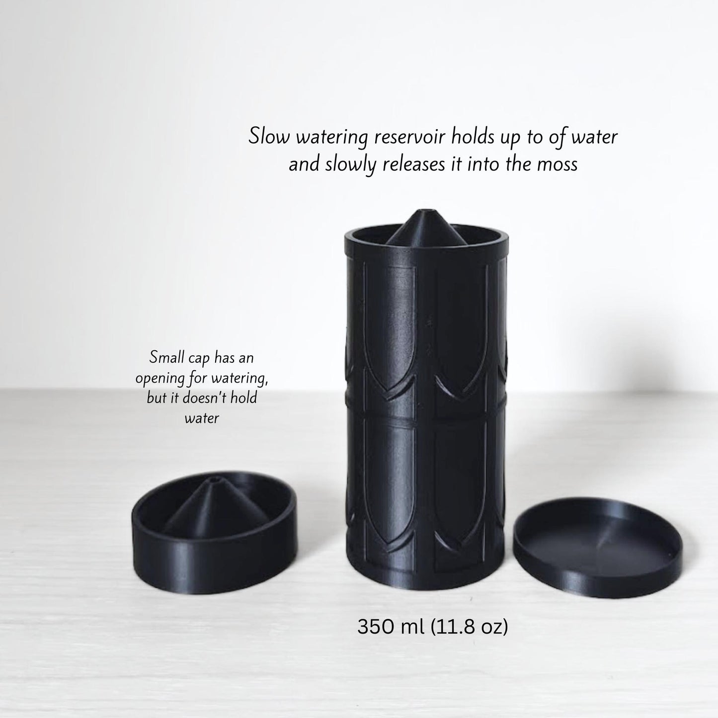 Slow-watering reservoir setup with the top opening, removable cap pieces, and assembled pole top shown in detail.