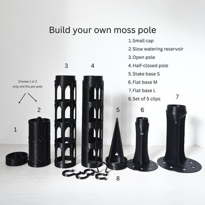 Overview image showing all modular moss pole parts, including bases, reservoirs, caps, extensions, spikes, and connectors, labeled as different set options.