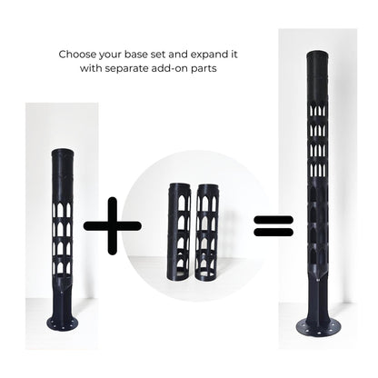Instruction graphic showing how to build a custom moss pole by combining one base set with separate add-on parts.
