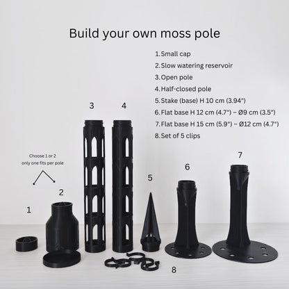 Overview image showing all modular moss pole parts, including bases, reservoirs, caps, extensions, spikes, and connectors, labeled as different set options.