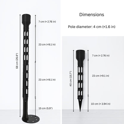 Dimension chart for the 4 cm (1.57 in) diameter gothic moss pole, showing measurements for the full pole and extension section.
