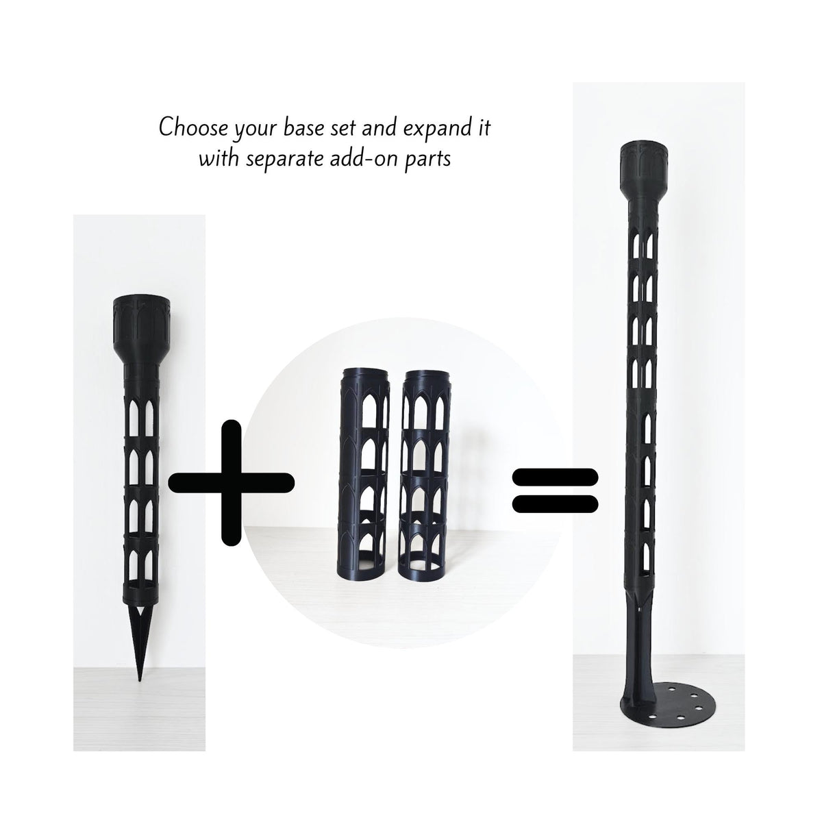 Instruction graphic showing how to build a custom moss pole by combining one base set with separate add-on parts.