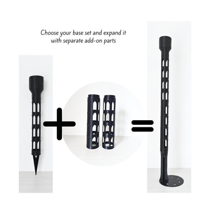 Instruction graphic showing how to build a custom moss pole by combining one base set with separate add-on parts.