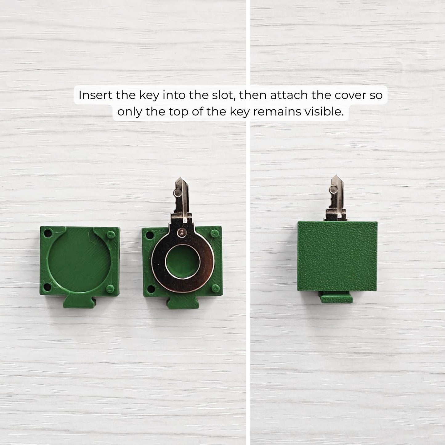 Step-by-step view of the key cover assembly, showing the cover piece, key inserted into the slot, and finished covered key.