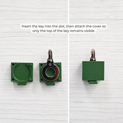 Step-by-step view of the key cover assembly, showing the cover piece, key inserted into the slot, and finished covered key.