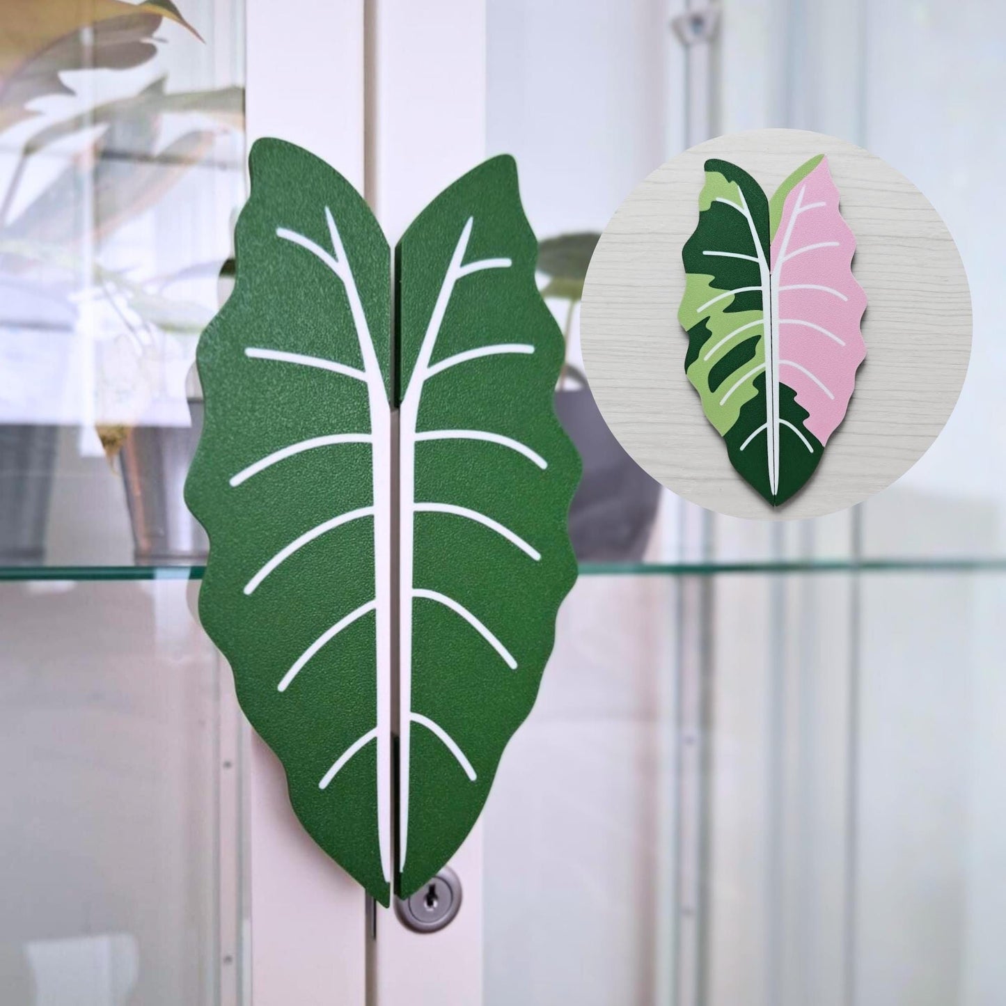Alocasia leaf cabinet handle installed on IKEA Milsbo cabinet door, green botanical design, slip-on fit