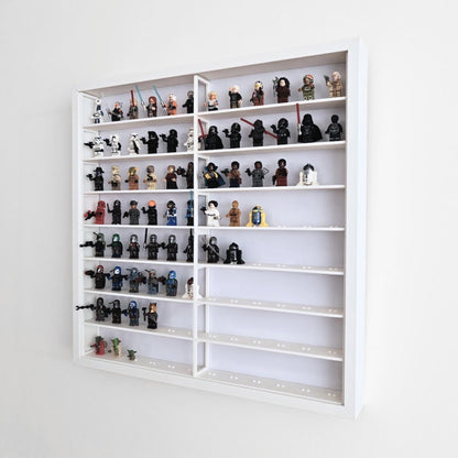 Angled side view of white LEGO display grid insert inside IKEA Sannahed frame filled with minifigures.